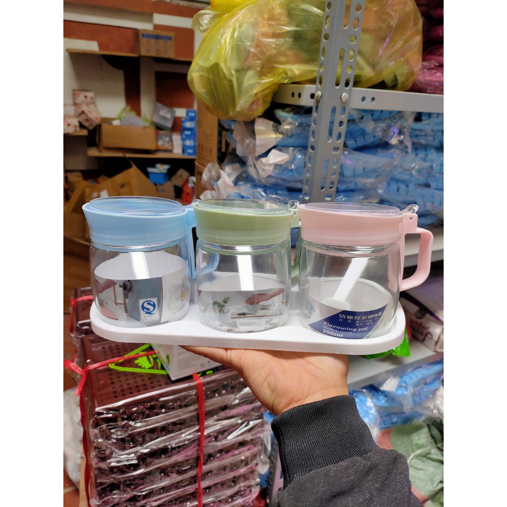 Bộ 3 Lọ Đựng Gia Vị thủy tinh 350ml siêu đẹp, kèm thìa và giá để | BigBuy360 - bigbuy360.vn