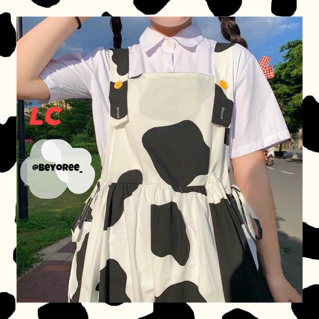 Váy Yếm Bò Sữa Dáng Dài PEONYB Nữ [FREESHIP] 🌸 Đầm midi 2 dây xòe phối dây nơ, thun loang màu trắng đen Ulzzang HOT 🌸 | BigBuy360 - bigbuy360.vn