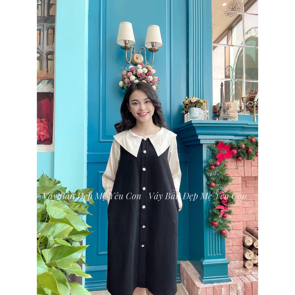 Đầm bầu công sở Váy bầu đẹp màu đen phối tay lụa vân gỗ MYC 9M