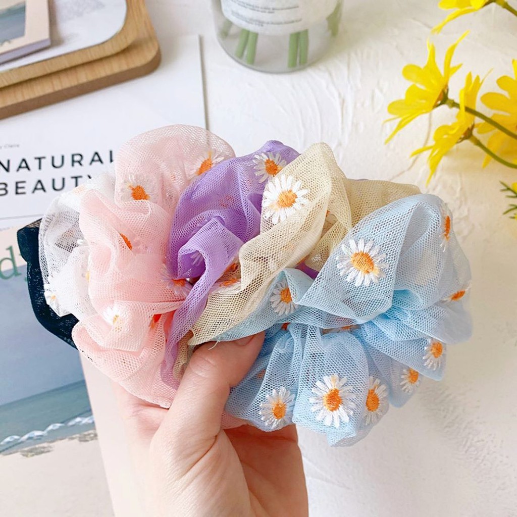 Cột Tóc Scrunchies Vải - Dây Buộc Tóc Hoa Cúc Cho Nữ