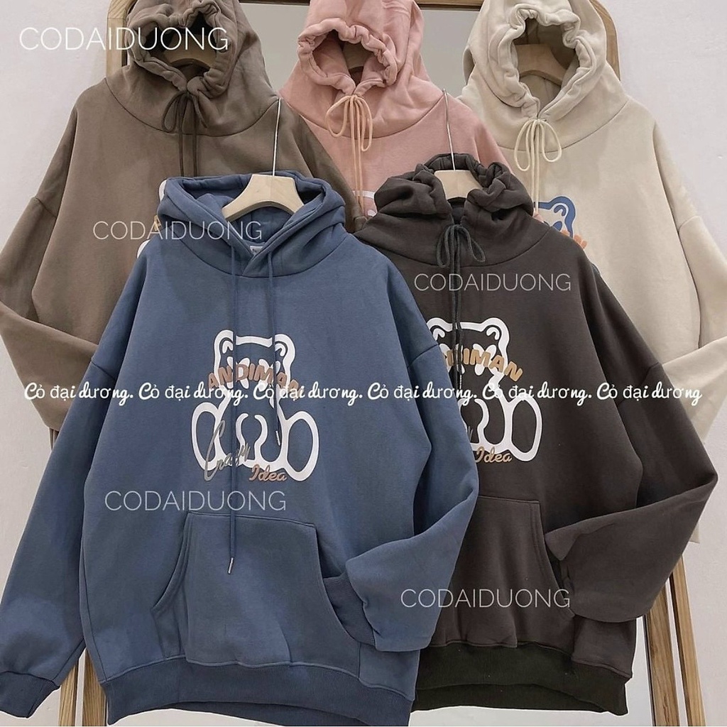 Áo nỉ hoodie ANDIMAN trắng, khoác nỉ hình gấu from rộng dấu quần, nỉ bông ulzzang dáng rộng dưới 70kg