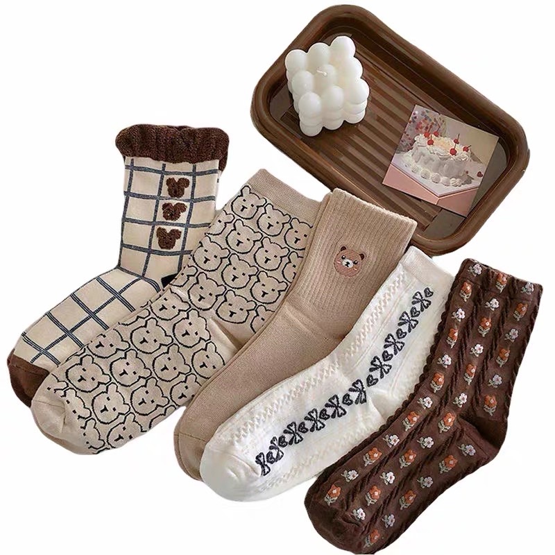 Set 8 đôi tất vớ nam nữ cổ cao chất liệu vải co giãn bốn chiều mix hình gấu phong cách hàn quốc
