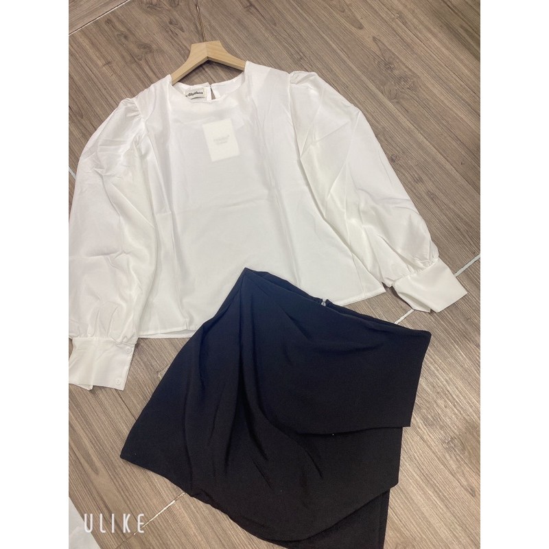 Set áo sơ mi phối chân váy ngắn rúm siêu xinh