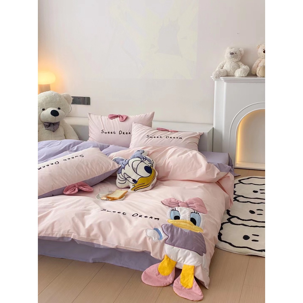 Bộ Chăn Ga Gối 5 Món Cotton Linen Họa Tiết Hoạt Hình Disney Dễ Thương Luna Bedding