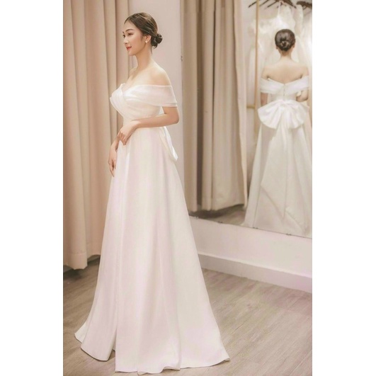 Váy trắng dự tiệc cưới cô dâu trễ vai nơ lưng tiểu thư tùng xoè maxi Mona