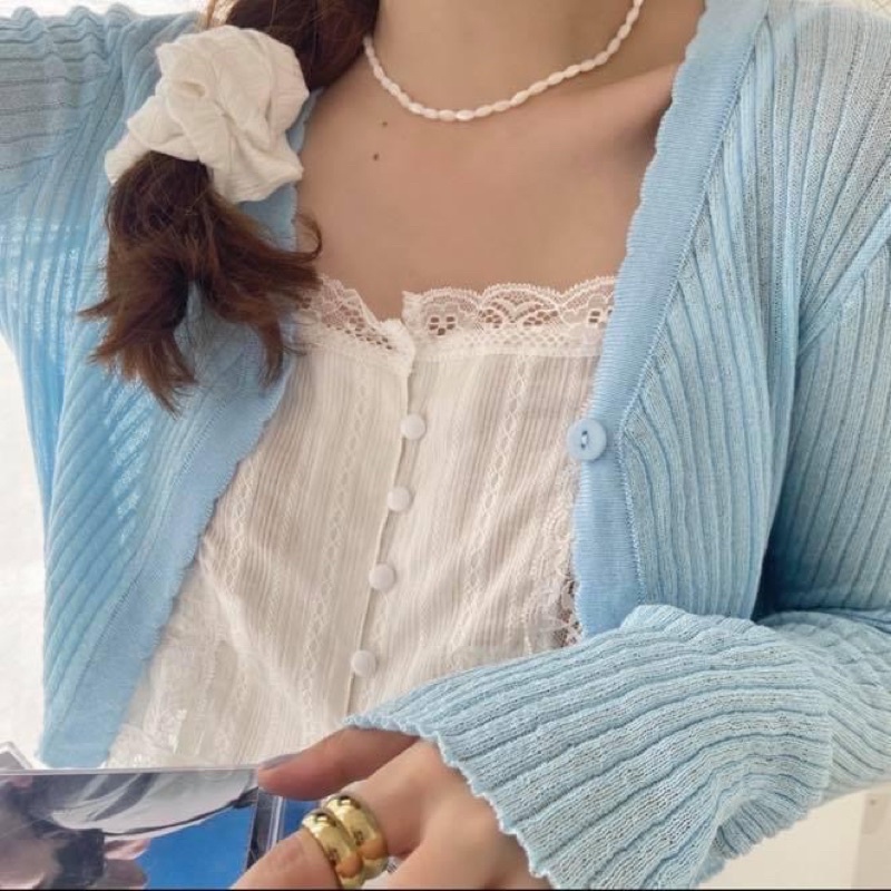 Áo ren hai dây croptop nữ kiểu ngắn kèm áo khoác cardigan len tay dài - Order taobao quảng châu