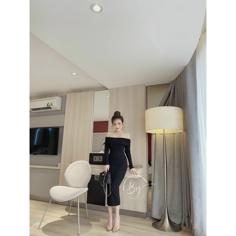 Đầm Body Bẹt Vai Tay Dài Rút Sườn Ôm Dáng Sang Trọng byChang