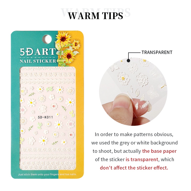 Miếng dán UR SUGAR hoạ tiết hoa hồng màu trắng/ hồng dập nổi 5D tự dính trang trí móng tay