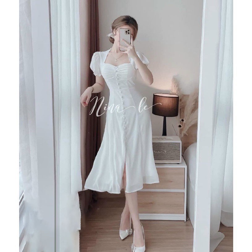 [HCM] Đầm Nữ Dự Tiệc Đũi Nhăn Tay Bèo Phối Nút Bọc Thời Trang Nữ Sam Closet Free Size 40-55kg