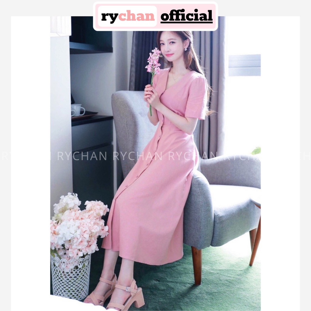 [ẢNH THẬT CUỐI] Đầm Xoè Form Dài Hồng Cổ V Nút Bọc Thắt Nơ - DX072