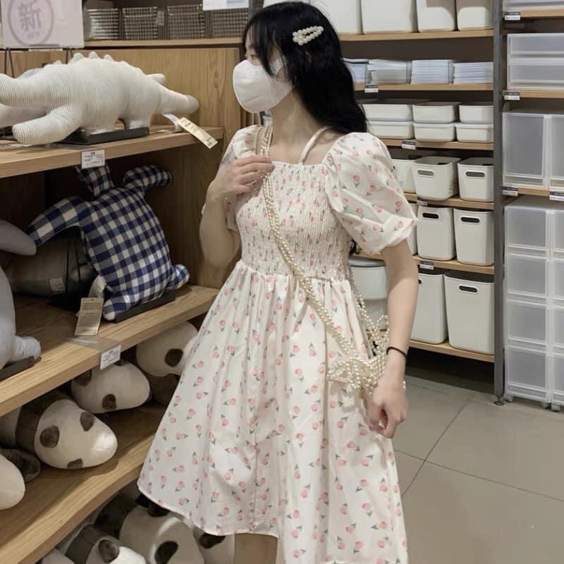 Váy babydoll hoa nhí trễ vai cổ vuông tay bồng Hàn Quốc bo chun chữ A xoè dáng ngắn 2 lớp tiểu thư (TTA121)