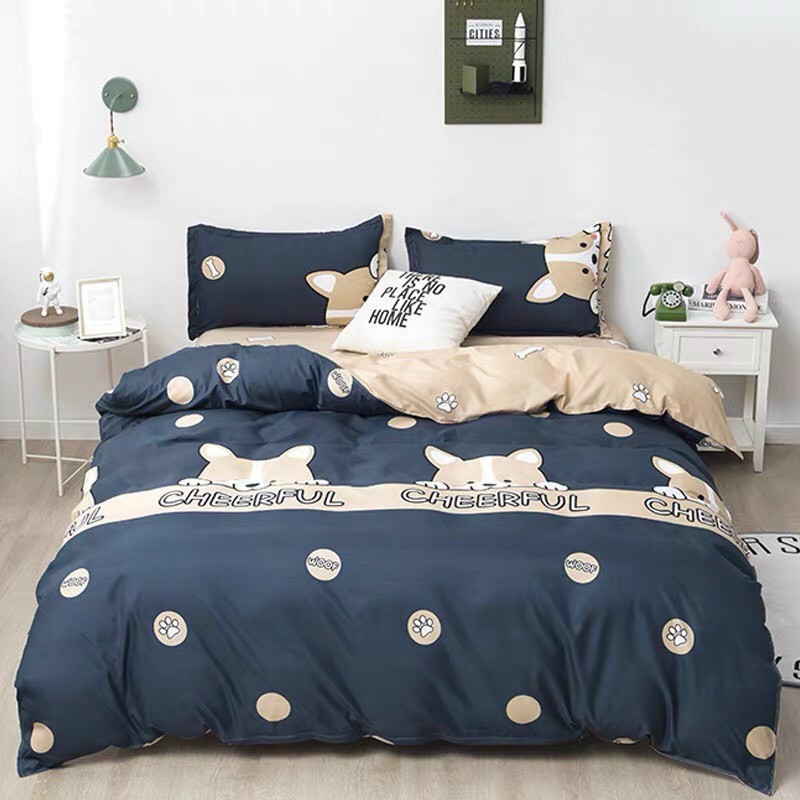 Bộ chăn ga gối Cotton poly M2T bedding Cún yêu, vỏ chăn mền, drap nệm và 2 vỏ gối