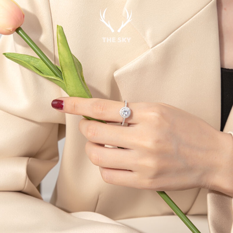 Nhẫn bạc nữ THE SKY NB02 mặt tròn đính đá sáng lấp lánh, nhẫn bạc ta hàng thiết kế hot trend