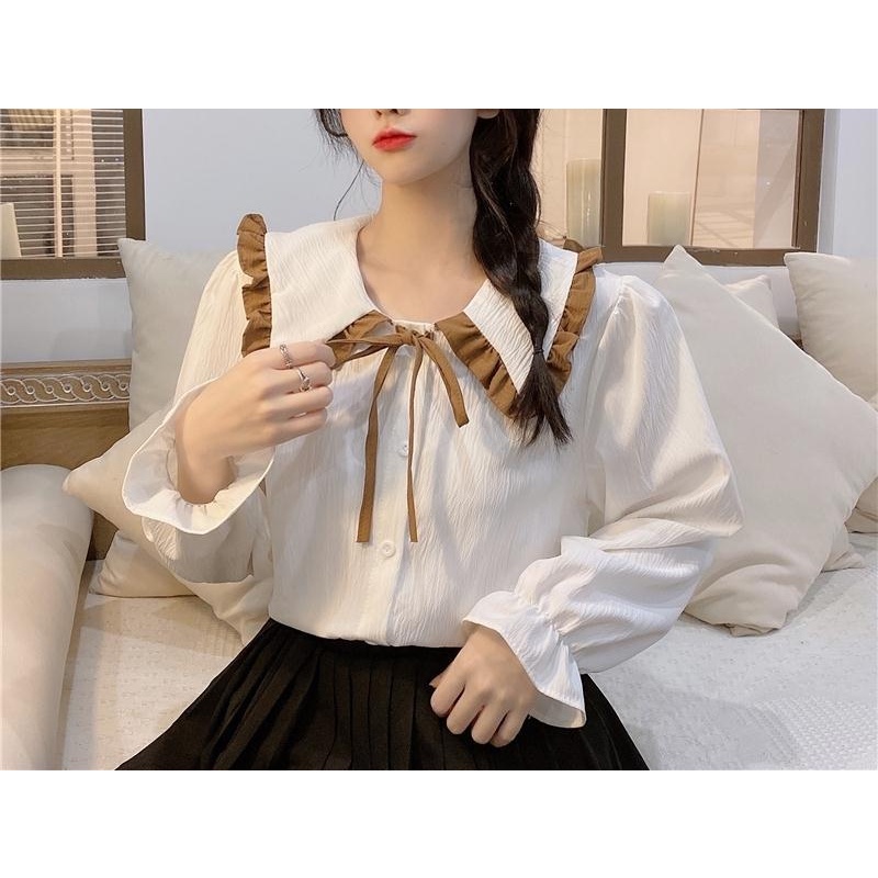 Áo sơ mi tay dài cổ búp bê phong cách retro thời trang Pháp