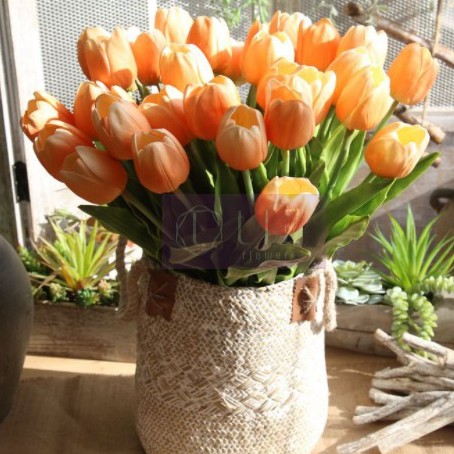 Hoa Tulip Giả bằng Pu [Lá Xoăn] Cao 50cm Hoa Giả Mềm Mại Giống Thật 100%