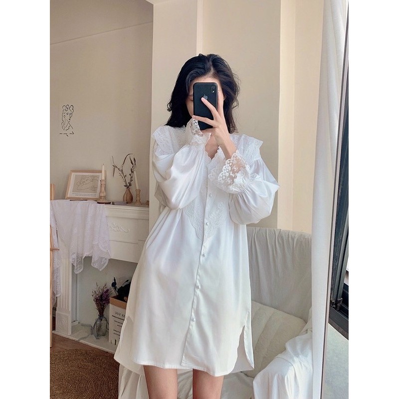 Váy ngủ sơ mi tay dài trắng trơn cut ngọ.c tra.i lụa satin cao cấp quảng châu