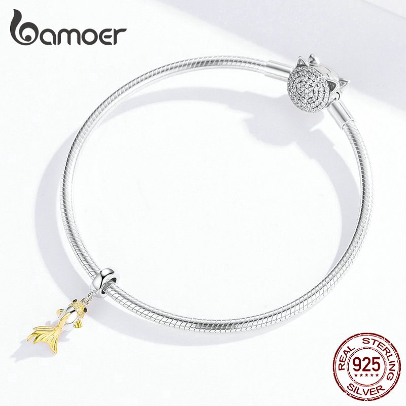 Mặt dây BAMOER BSC127 bằng bạc 925 hình cá vàng trang trí vòng tay và vòng cổ DIY