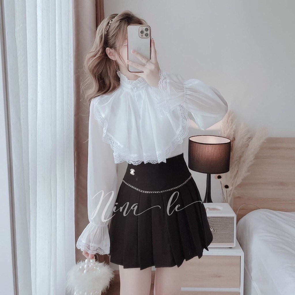 M437 Áo sơ mi tiểu thư công sở nữ cực xinh, Áo sơ mi cổ bèo 2 lớp tay xòe chất vải voan mềm mại mặc tôn dáng điệu đà