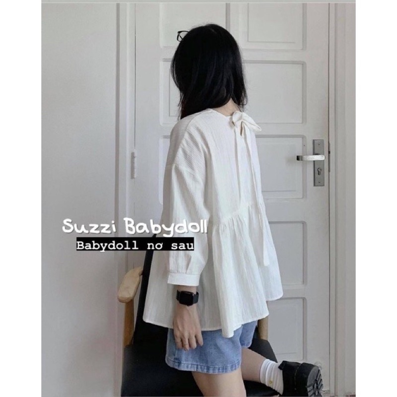 Áo babydoll thô đũi nơ sau vintage