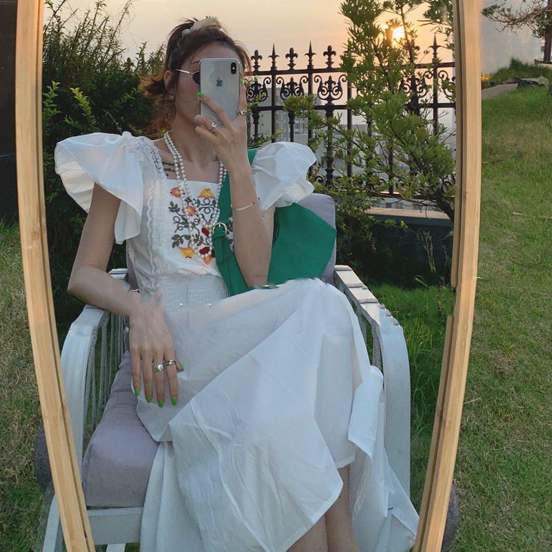 [Order] Váy trắng dáng xòe thêu hoa tay bèo vintage Quảng Châu đẹp có size