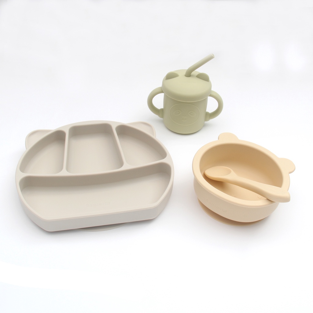 Set ăn dặm silicon 4 chi tiết: bát ăn dặm silicon kèm thìa, Yếm silicon, khay 4 ngăn/đĩa hình gấu Samimi cho bé