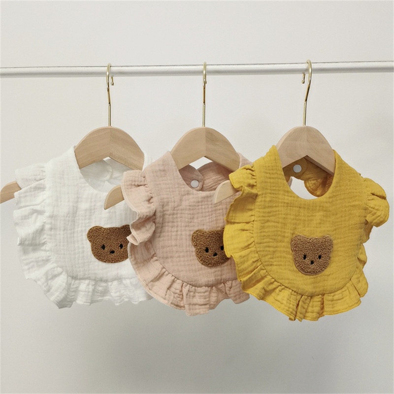 Yếm Ăn Bằng Cotton Thêu Hình Gấu Hoạt Hình Dành Cho Trẻ Em