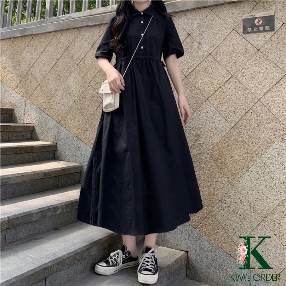 Váy liền nữ dáng xoè baby doll đầm màu đen phom suông rộng phong cách ulzzang Hàn Quốc chất liệu đẹp