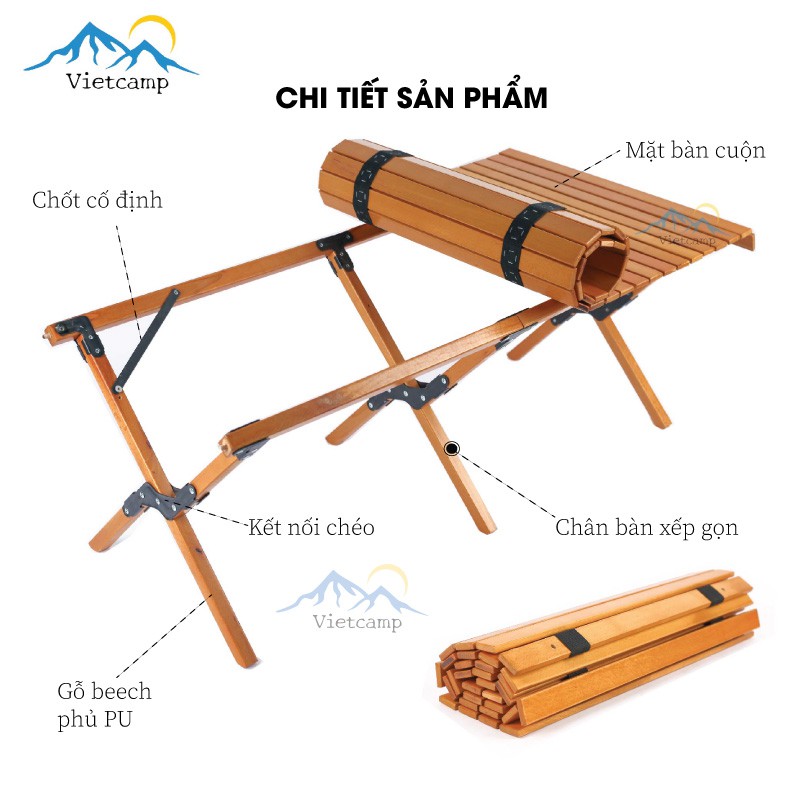 Bàn dã ngoại mặt cuộn gọn gỗ dẻ gai cao cấp - T120 - Thiết kế cuộn thông minh - kèm túi đựng tiện lợi