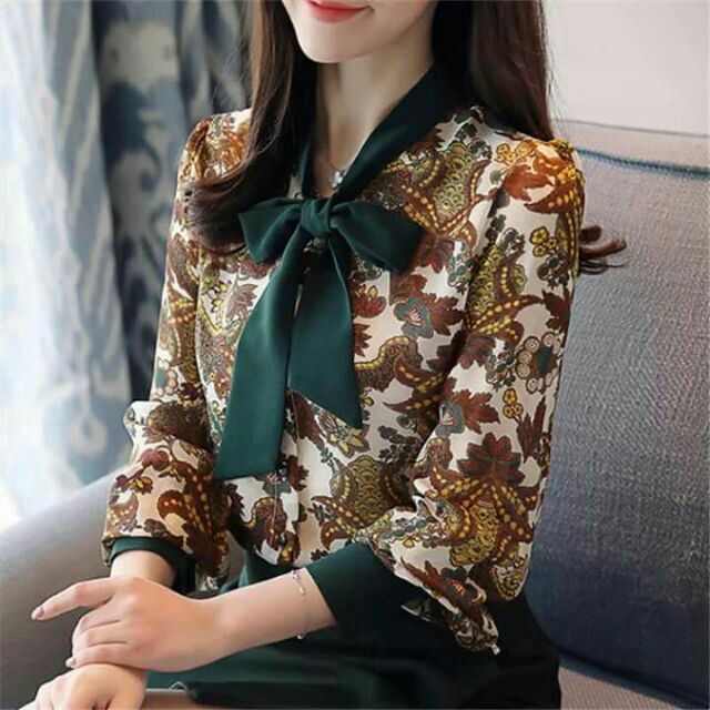 Sơmi hoa nữ cổ thắt nơ