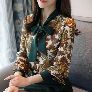 Sơmi hoa nữ cổ thắt nơ