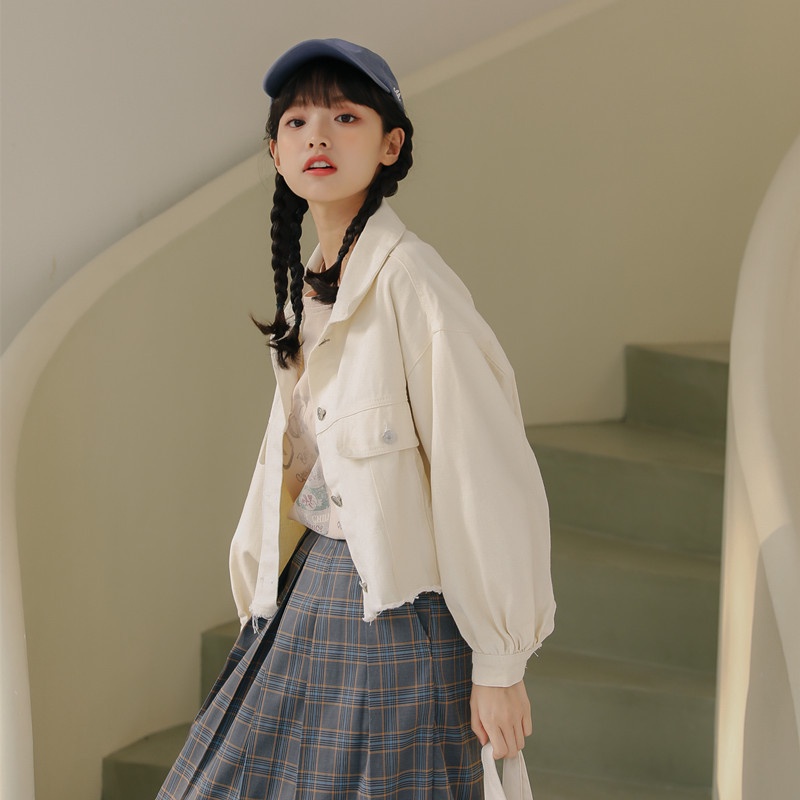 Áo khoác denim IELGY dáng rộng màu tím nhạt/ trắng kiểu Hàn Quốc xinh xắn cho nữ