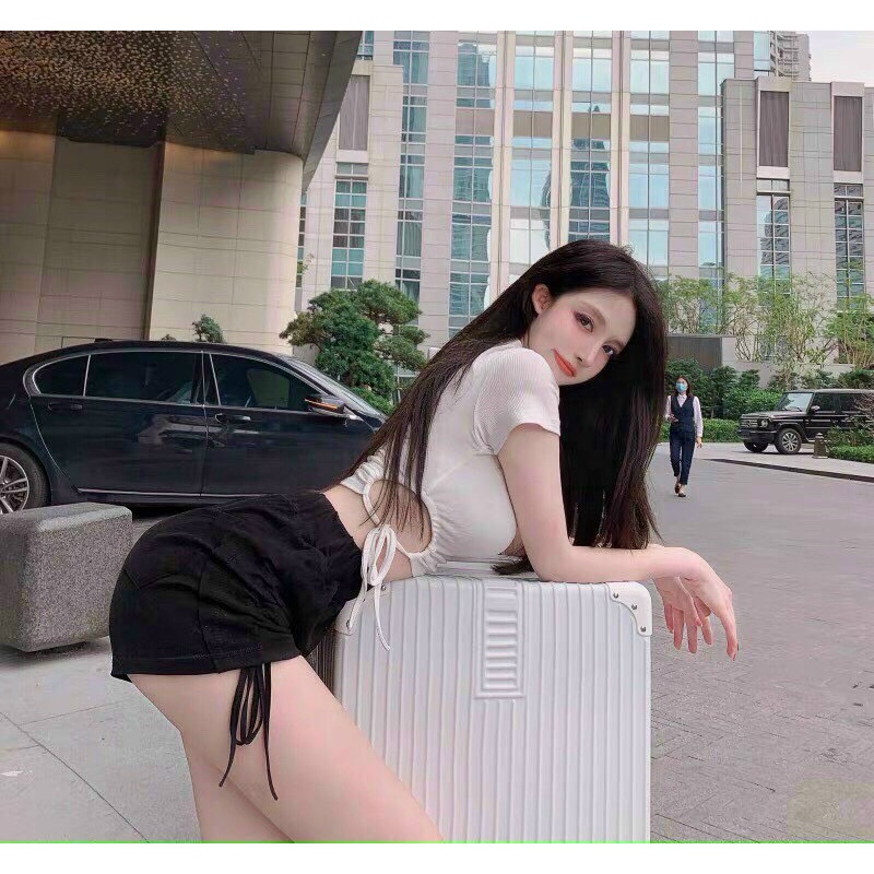 áo kiểu croptop rút dây 2 bên luồn eo cá tính chất thun gân