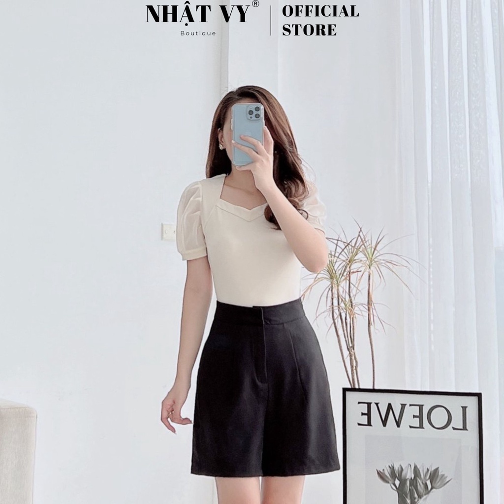 Quần short đi chơi Nhật Vy ống rộng lưng cạp cao dáng suông chất cotton phù hợp dạo phố, cafe sang chảnh - D2509