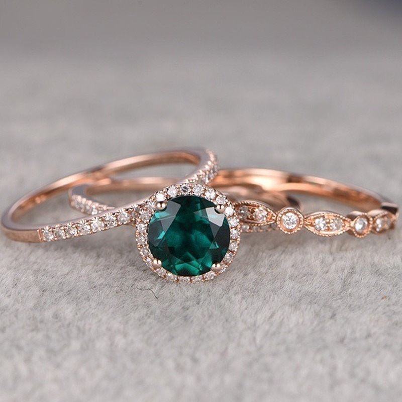 Mới 18K Hoa Hồng Vàng Micro-Khảm Nhẫn Ngọc Lục Bảo (3 Món)