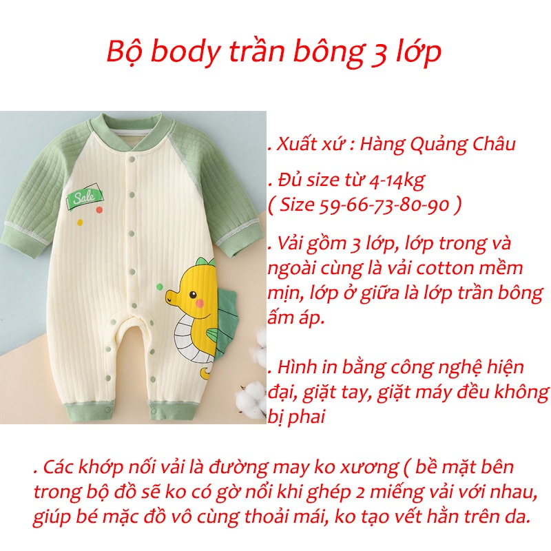 Bộ body dài tay trần bông 3 lớp cho bé trai, bé gái hàng Quảng Châu cao cấp _ BD49