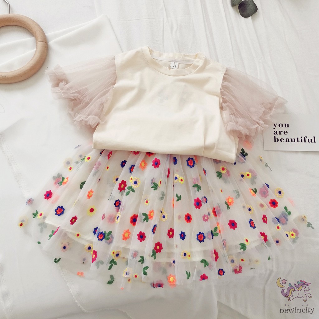 Bộ Áo Cánh Tiên Phối Ren + Chân Váy Lưới Thêu Hoa Thời Trang Dành Cho Bé Gái