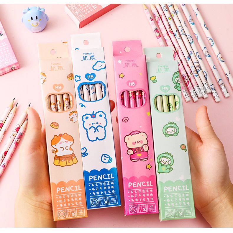 Set 10 Bút Chì Màu Sáng Họa Tiết Mèo / Thỏ Hoạt Hình Dễ Thương Kèm Gôm Tẩy Cho Học Sinh