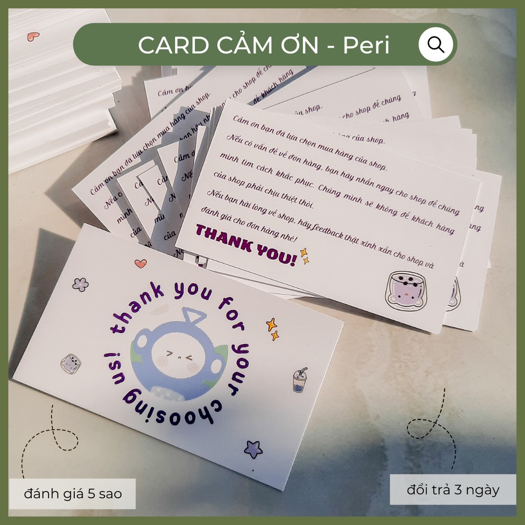 (tele) Bộ 50 thiệp cảm ơn, card dành cho shop gói hàng online, đơn giản, dễ thương 9x5.5cm