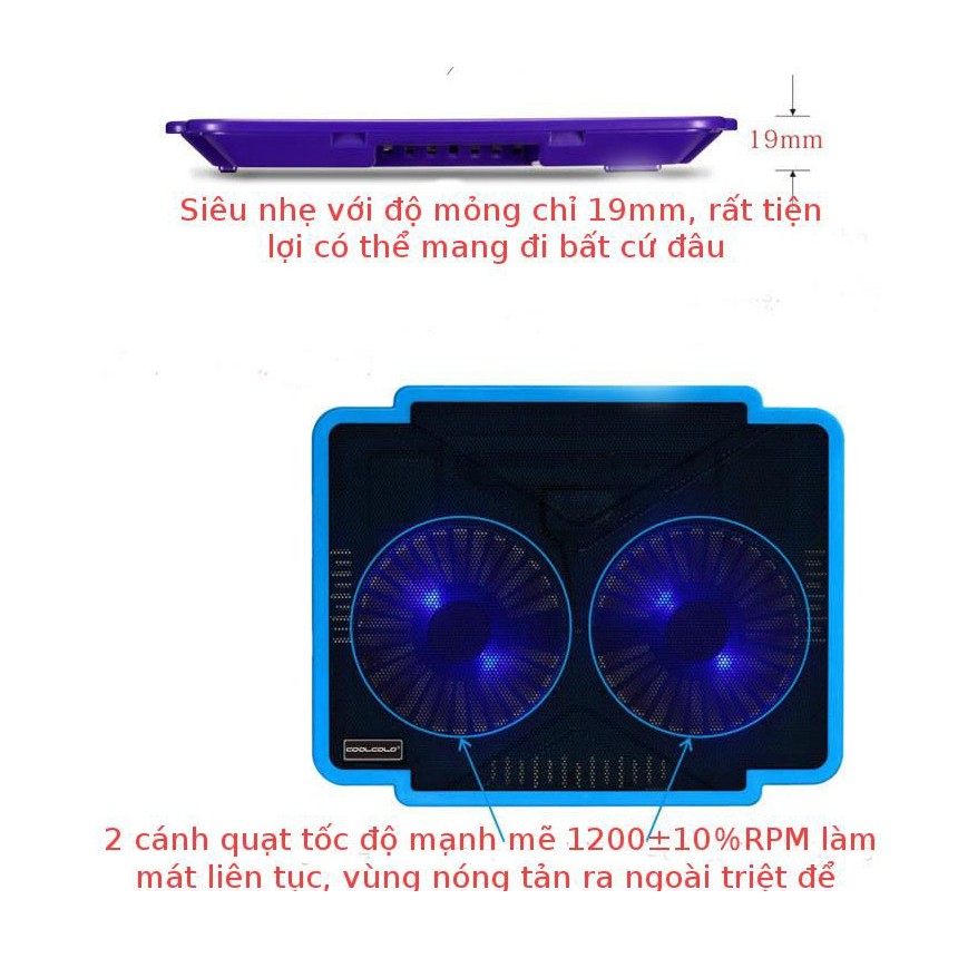 Đế tản nhiệt Laptop CoolCold K19 Led Xanh Dương 2 Fan-I Cool Cold K19 Led Blue