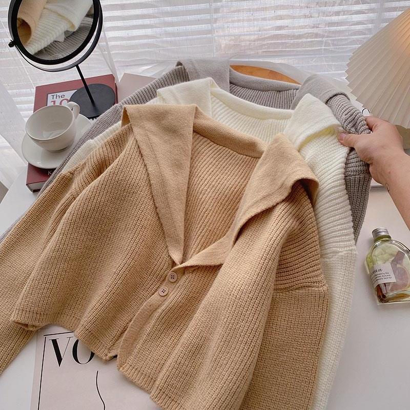 Áo khoác nữ hoodie dệt kim len khoác cardigan tay dài cổ hải quân phong cách hàn quốc thời trang mùa thu hàng mới dành cho bạn nữ