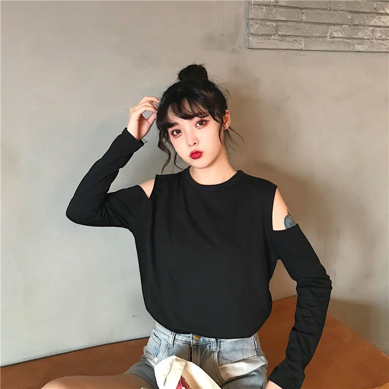 ZHELIHANGFEI Áo Thun Sweater Tay Dài Hở Vai Thiết Kế Trẻ Trung Cá Tính