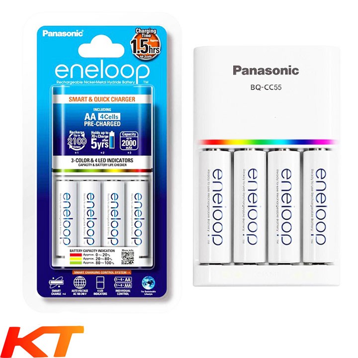Bộ sạc nhanh 2h, tự ngắt cao cấp, tặng kèm 4 viên pin AA eneloop panasonic 2000mah, chính hãng bảo hành 12 tháng