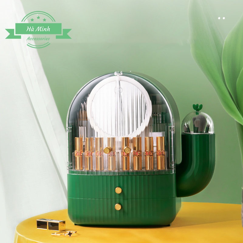 Hộp Đựng Mỹ Phẩm Dung Tích Lớn Để Bàn Có Gương LED Phong Cách Xương Rồng Sang Trọng