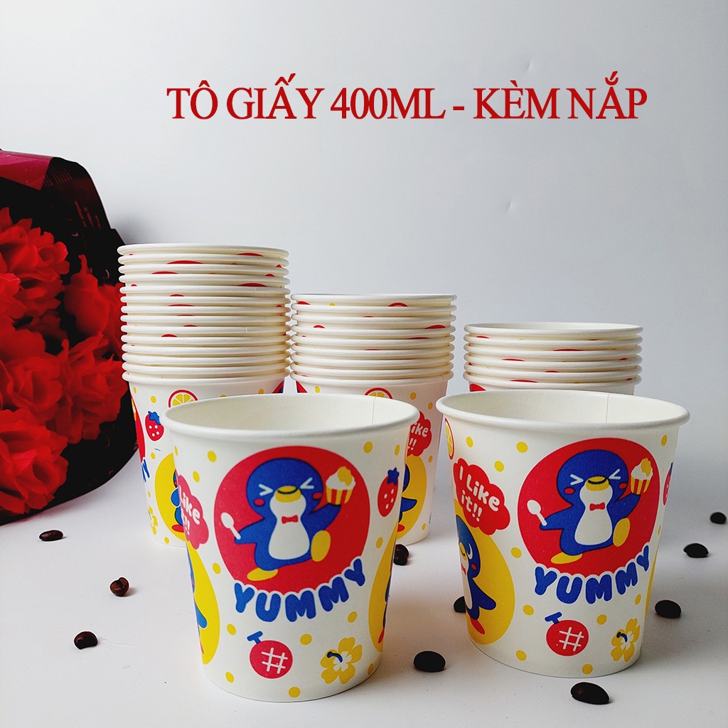 50 Chiếc Tô Giấy 400ml Kèm Nắp họa tiết YUMMY Đựng Cháo, Chè, Kem