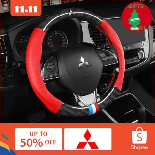 【free gift】Mitsubishi Carbon Fiber Cow Leather Car Steering Wheel Cover Penutup Stereng Fit Pajero Triton Xpander FS009