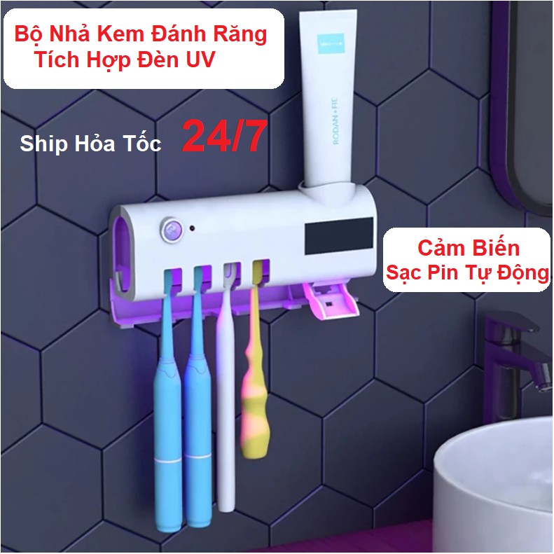 Bộ Nhả Kem Đánh Răng Tự Động - Tích Hợp Đèn UV Diệt Khuẩn - Kiểu Dáng Sang Trọng - Phù Hợp Với Mọi Gia Đình