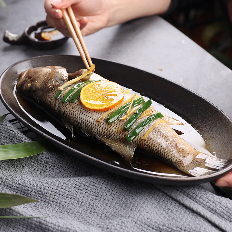 Đĩa Gốm Hình Bầu Dục Đựng Cá Hấp/Cá Sáng Tạo Kích Thước Lớn