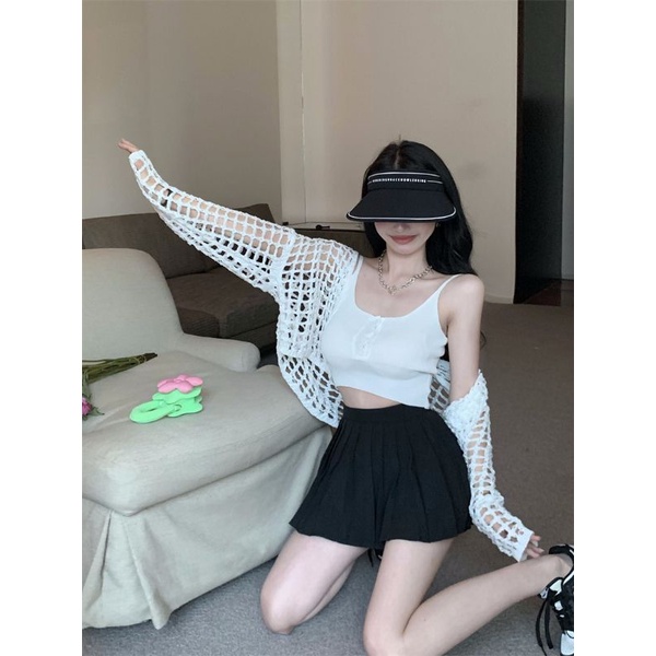 Gaeul store- Set Quảng Châu-áo len dệt kim lưới mix áo ba lỗ khuy
