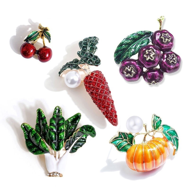 Ghim cài áo tráng men hình rau củ quả đính kim cương giả độc đáo xinh xắn dành cho nữ