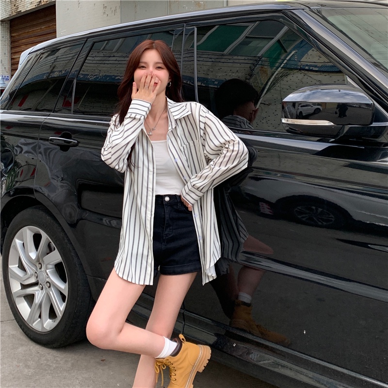 Áo Khoác Sơ Mi Tay Dài Chống Nắng Họa Tiết Kẻ Sọc Thời Trang Hàn Quốc Cho Nữ